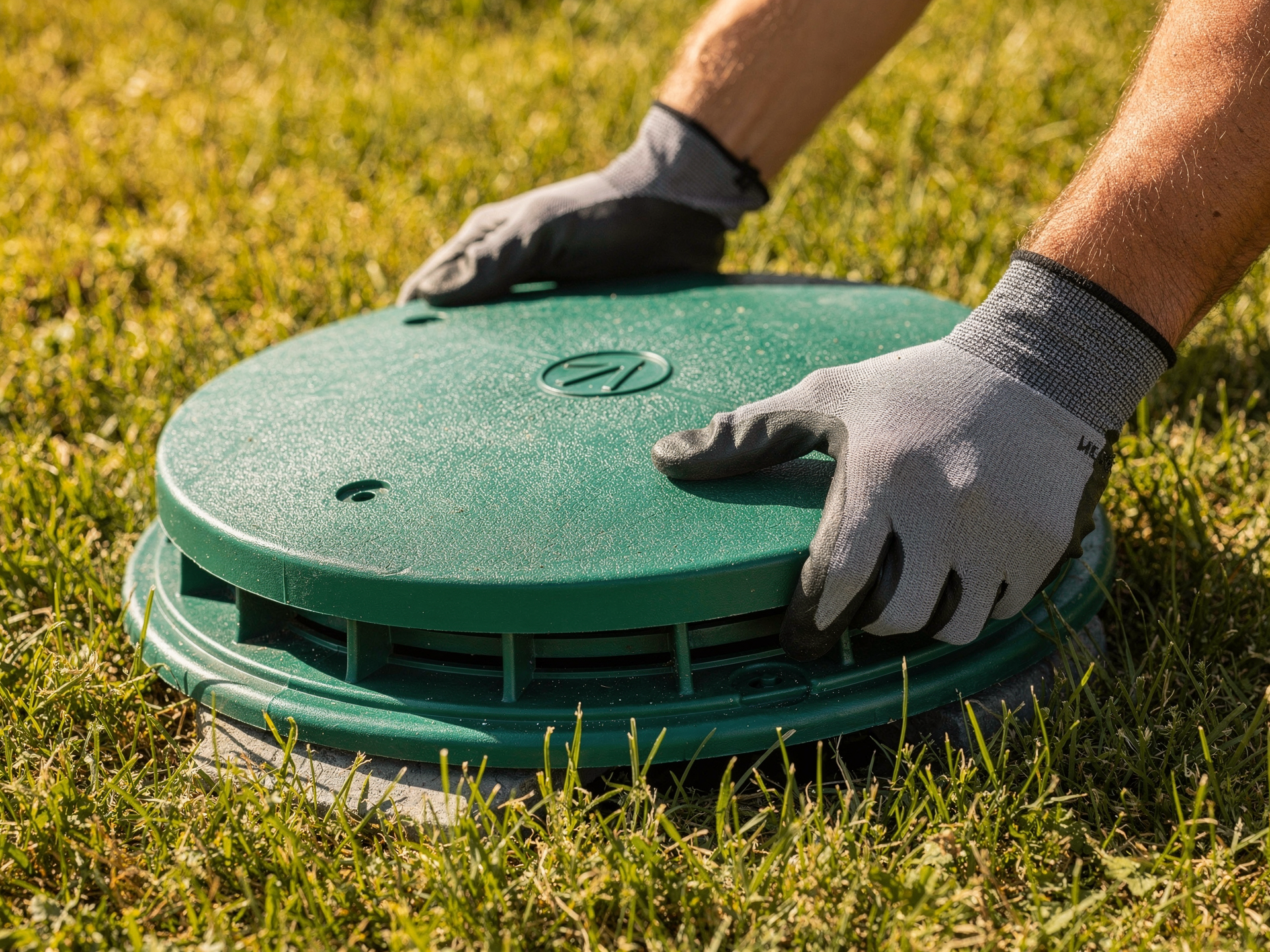 Gloved hands inspecting a septic riser lid set in bright green grass