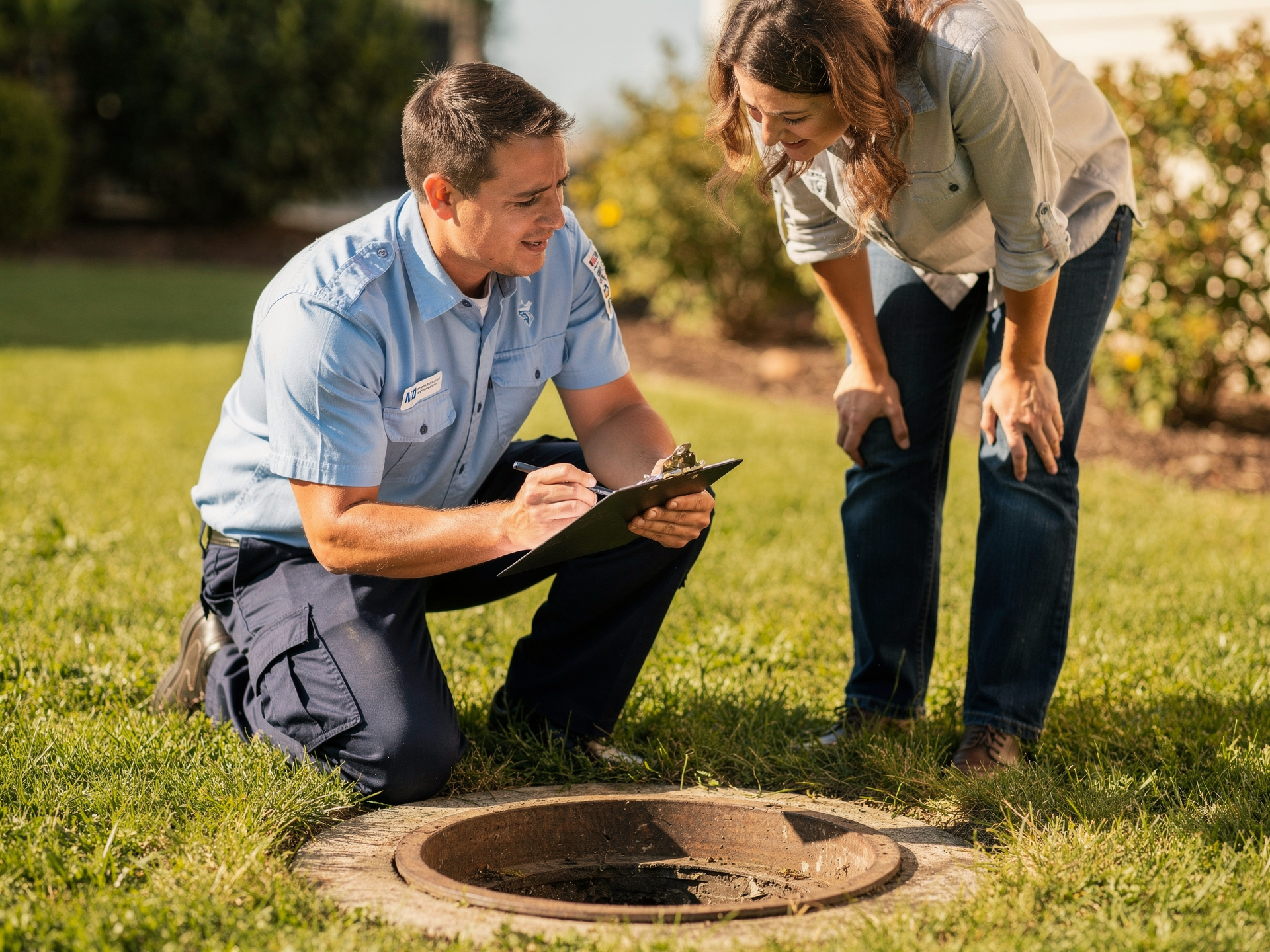 A Septic Blue technician showing a homeowner a clipboard beside an open septic access port in a sunny back yard